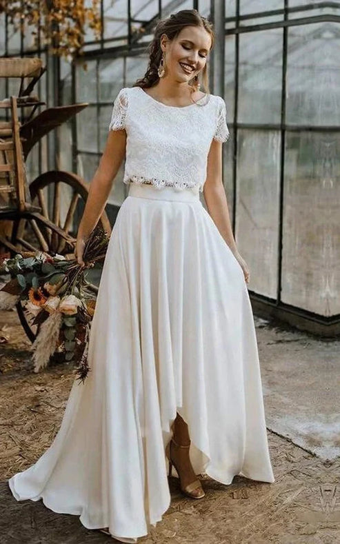 Luolandi Vintage Boho Two-Piece Bateau Satin and Lace Short Sleeve Wedding Dress with Pleats and Sweep Train